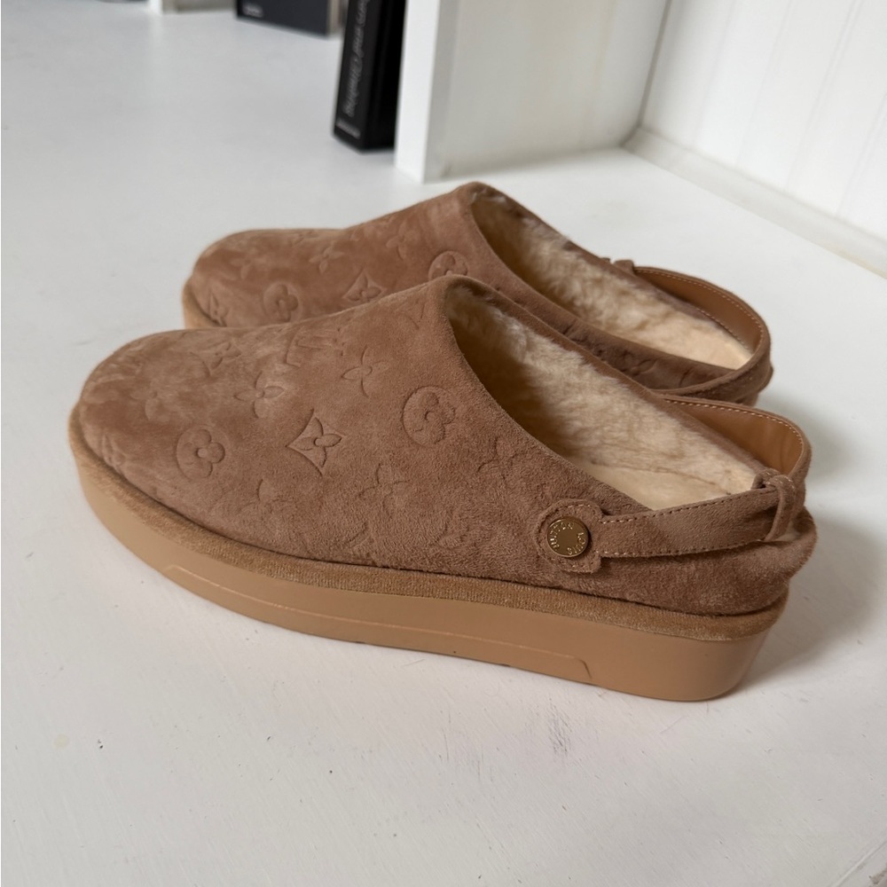Monogram Suede Shearling Mule Slingback - Brown
